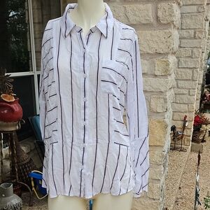 two by vince camuto Womens Button Up Strip Shirt Plus Size M Flare Long Sleeve